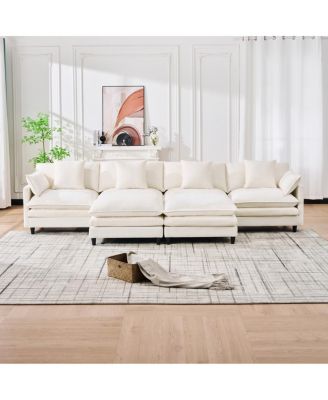  U-shaped modular sectional sofa with 2 ottomans, 4 cushions, 2 pillows. Beige