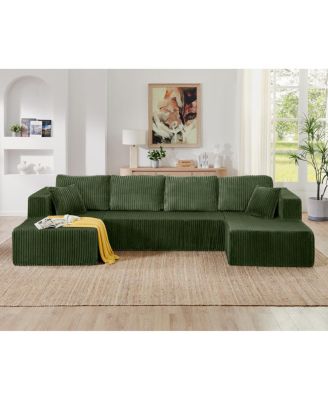  U-shape Modular Corduroy Sofa, Modern Minimalist Sleeper Couch - Green