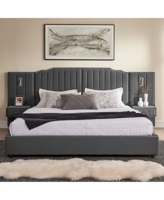 King Size Velvet Upholstered Bed Frame with Vertical Stripes & Headboard