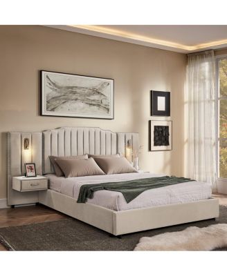 Queen Size Velvet Upholstered Bed Frame with Vertical Stripes