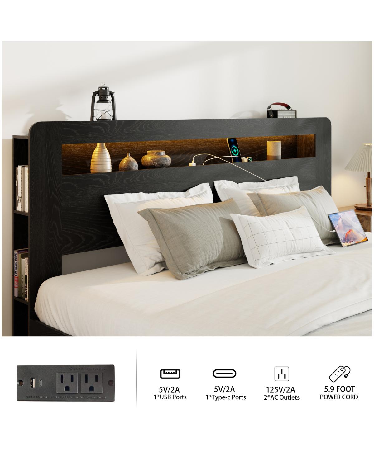 Streamdale Furniture Wood King Bed Frame with Storage, Led Headboard, Usb