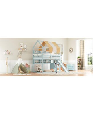 Full Size house Bed with Canopy, Slide & Built-In Bookshelves