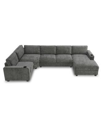 U-Shaped Sectional Sofa, 6 Seat Chenille Corner Couch with Cup Holders & Chaise