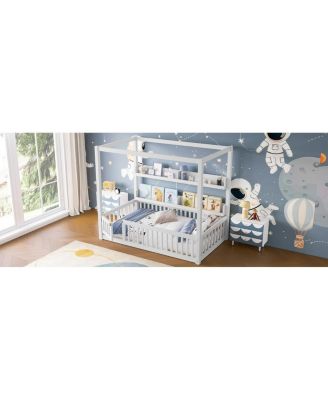 Twin Size Solid Wood Canopy Floor Bed with Guardrails & Shelves - White