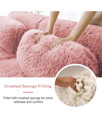  3-Seater Plush Fabric Sofa with Movable Ottoman, No Assembly Required, Pink