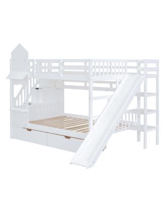 Full-Over-Full Castle Style Bunk Bed with 2 Drawers 3 Shelves and Slide