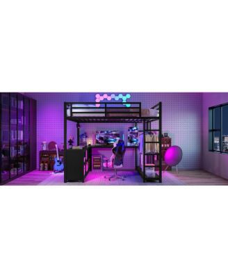 Metal Loft Bed with Wardrobe & L-shaped Desk, Queen Size