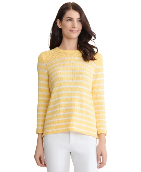 Petite Striped Open Crewneck Sweater - Cornsilk/White