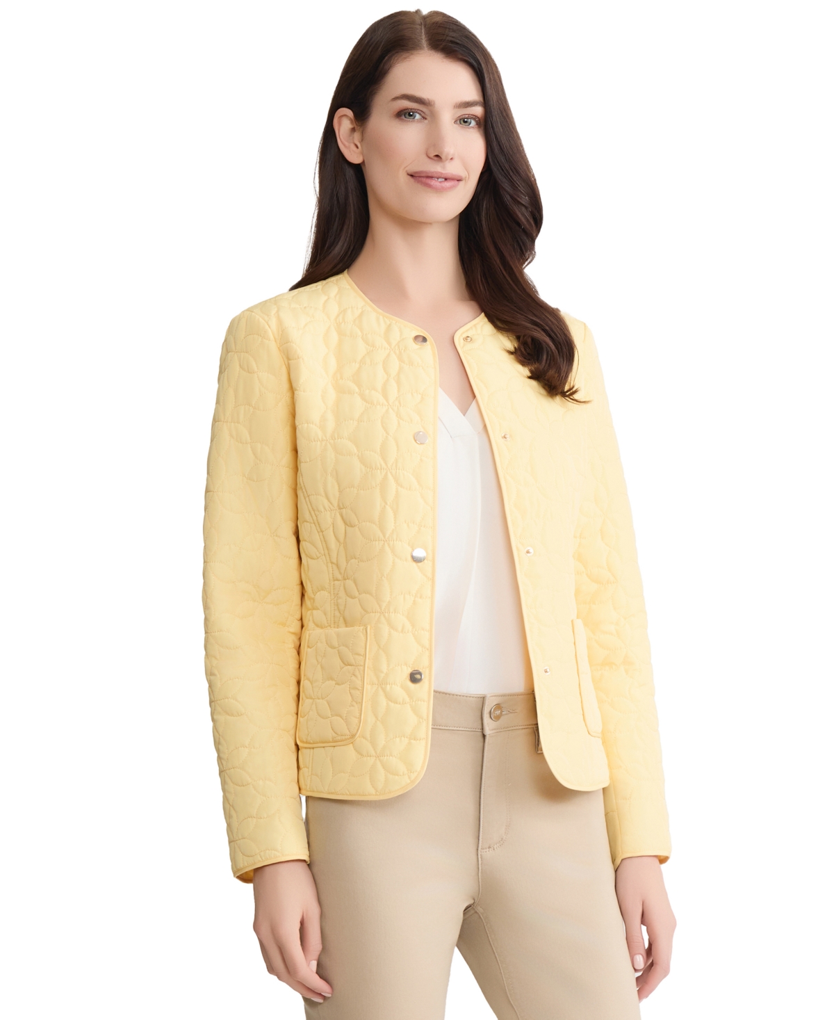 Jones New York Petite Quilted Flower Crewneck Jacket