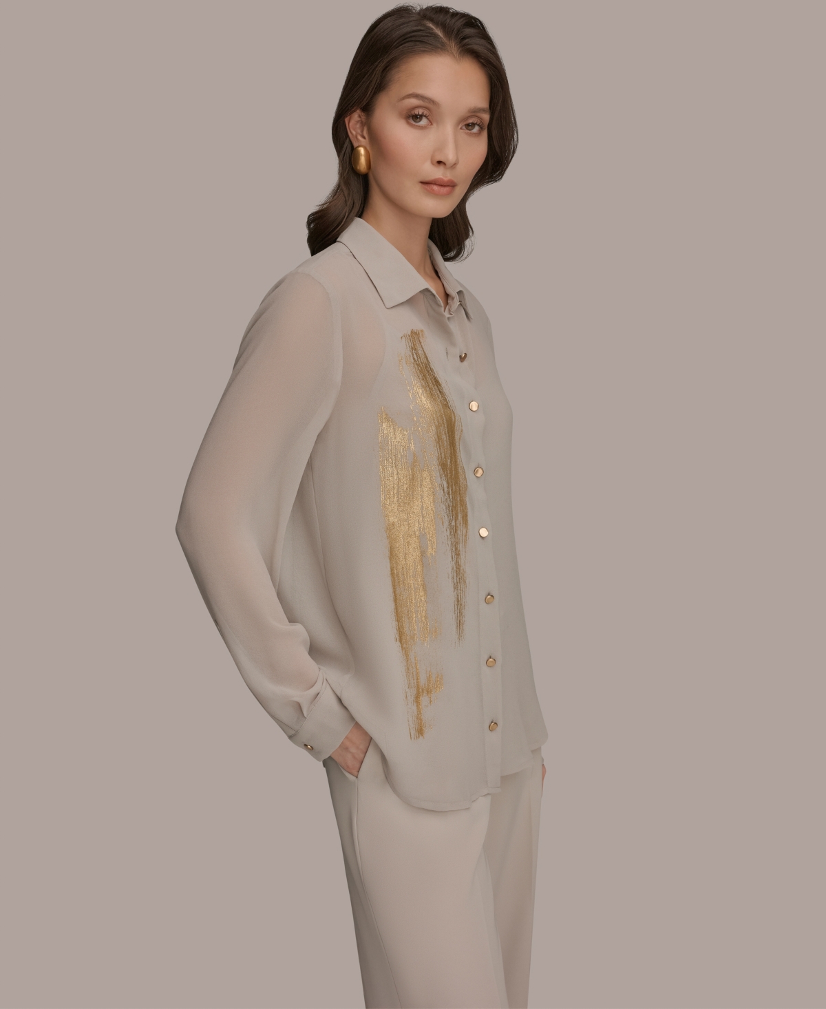 Donna Karan New York Petite Brush Stroke Button-Down Blouse