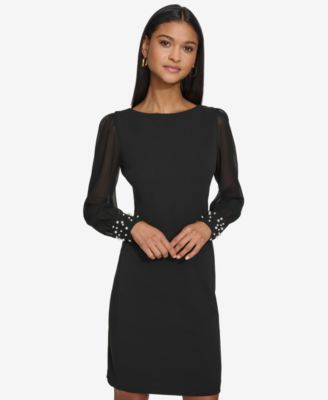 Women's Illusion-Sleeve Beaded-Cuff Dress
