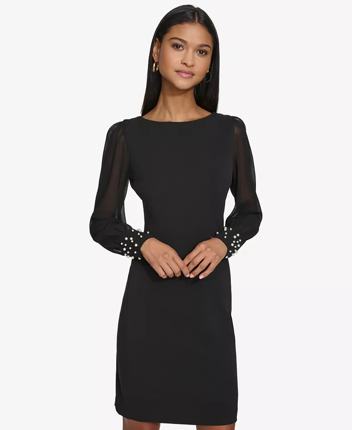 Women's Illusion-Sleeve Beaded-Cuff Dress - thumbnail 2