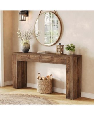 Sofa Table with 2 Drawers, 63 Inches Extra Long Console Table, Solid Wood Sofa Table Behind Couch, Large Entryway Hallway Foyer Tables