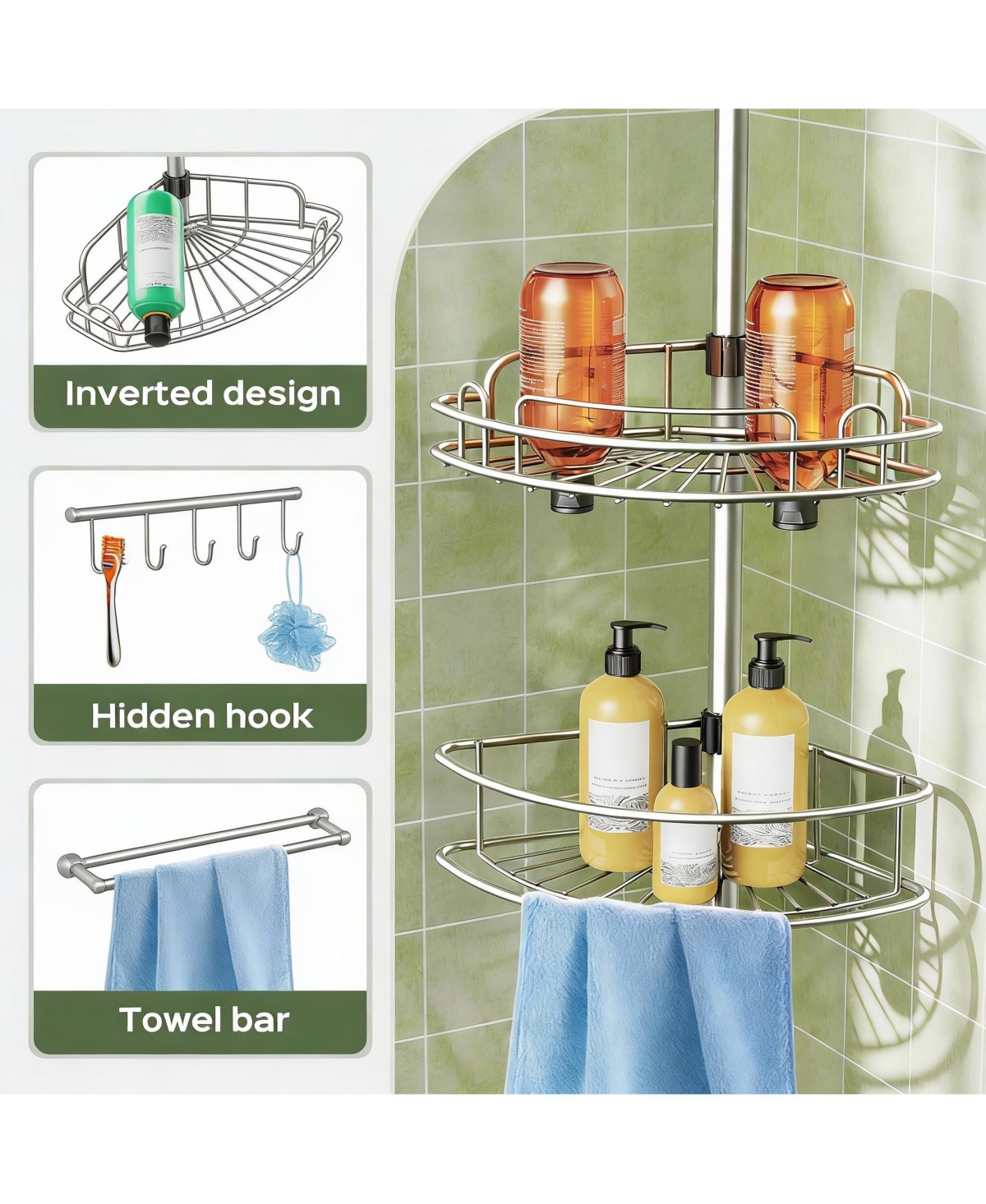 Yigii 4-Tier Adjustable Shower Caddy - No-Drill, Rust-Resistant, Space-Saving