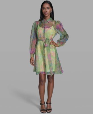 karl lagerfeld paris women's puff-sleeve belted a-line dress Karl Lagerfeld Paris Women's Printed Puff-Sleeve Tie-Waist Belt Midi Dress - Bisque/Black