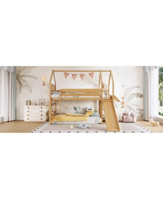 Twin Loft Bed with Bookshelf, Slide, and Playful House Design for Kids