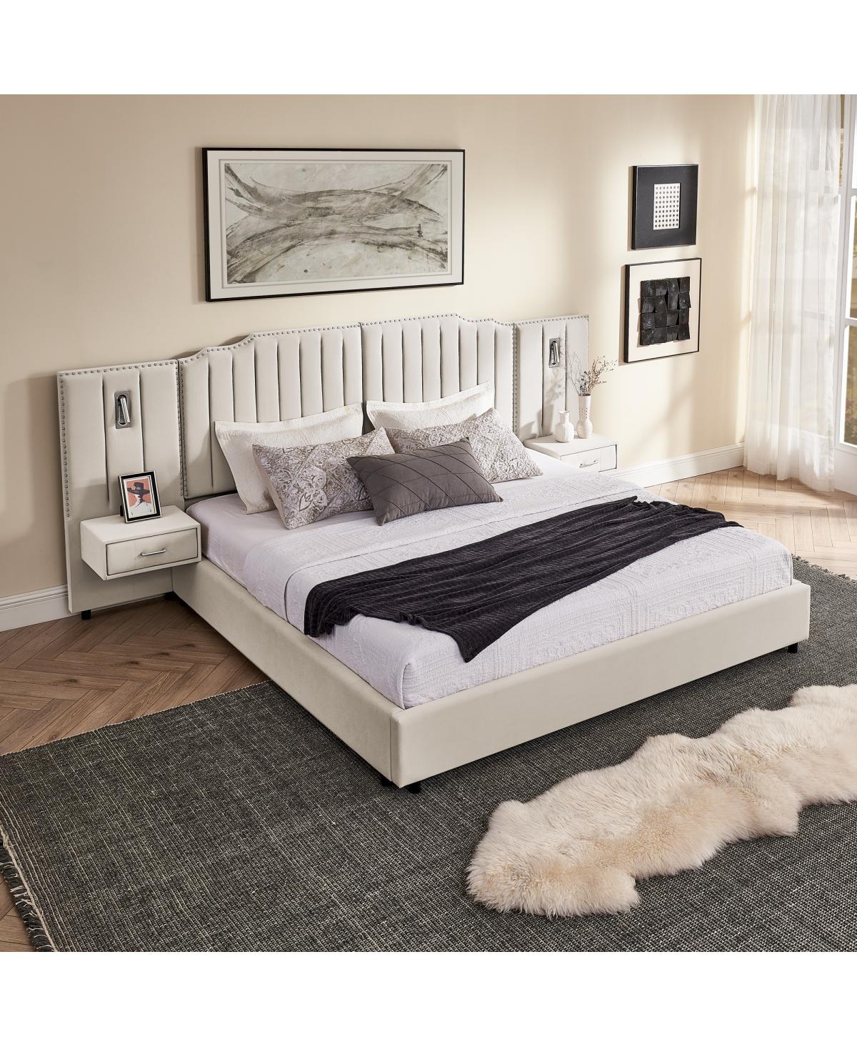 Streamdale Furniture King Size Velvet Upholstered Bed Frame with Vertical Stripe Design