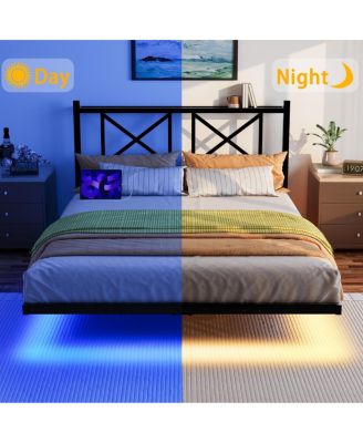 Queen Size Floating Bed Frame with Headboard & Storage, USB/LED