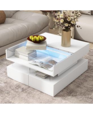 Lift-Top Coffee Table w/ Drawers Glass Top and LED