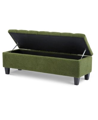 Ottoman Bench with Storage, Green Boucle, Rubber Wood Legs, 300 lbs Cap