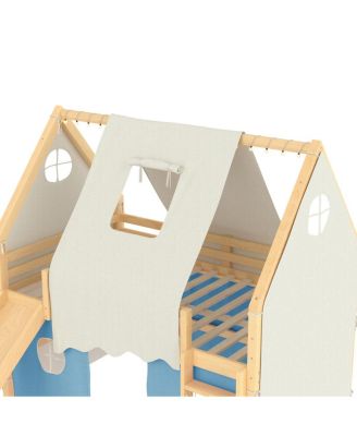 Full Size House Loft Bed with Sills, Tents, Lights, Slide