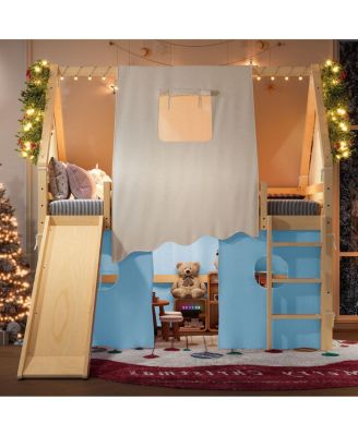 Full Size House Loft Bed with Sills, Tents, Lights, Slide