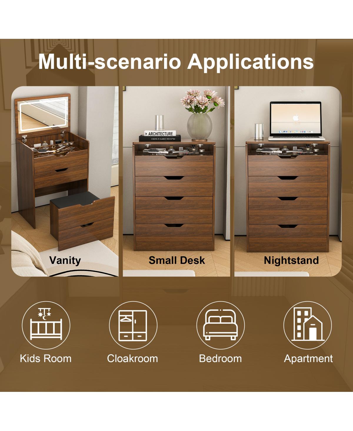 Streamdale Furniture Streamdale 3-in-1 Vanity Desk with Lighted Mirror & Stool, Flip Top Makeup Dressing Table (Walnut