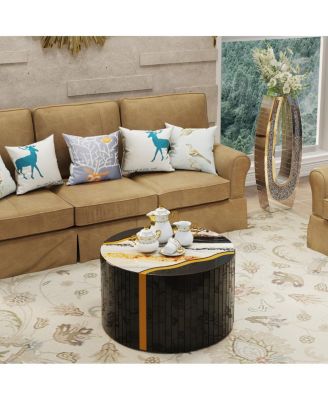Black gold round mirror coffee table with marble pattern sticker side table