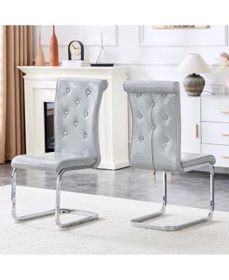 Set of 2 Retro Alligator Upholstered Dining Chairs with Crystal Buckle & Faux Leather