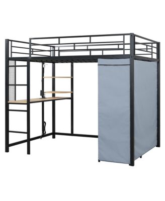 Loft Metal Bed with Desk,Shelves,Power Outlet,LED Light and Wardrobe - Full
