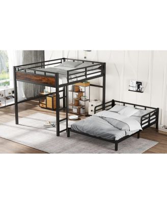  Queen over Queen Metal Bunk/Loft Bed with Security Fence, Vintage Wood-Colored