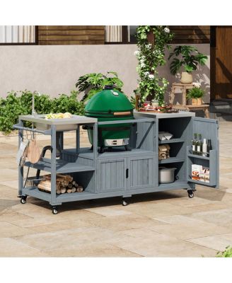Outdoor Kitchen Island with Sink, Solid Wood Grill Cart for XL Green Egg, Rolling Bar Cart, Brown