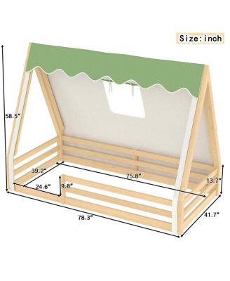 Twin Size House Floor Bed with Tent and Light, Solid Wood Teepee Design
