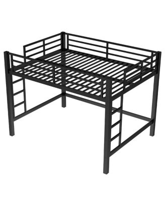 Queen Size Metal Loft Bed with Ladder and Guardrails