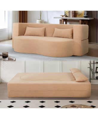 2-in-1 Convertible Sofa Bed, Full Size Folding Loveseat Couch with Teddy Fabric, Apricot