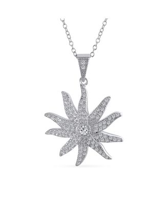  Pave Cubic Zirconia CZ Sunburst Sun Ray Pendant Necklace .925 Sterling Silver