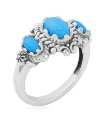 Sterling Kingman Turquoise 3-Stone Oval Scalloped Bezel Ring, Sizes 5 to 11