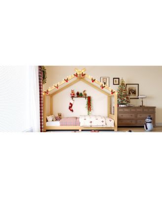 Twin House Floor Bed with Slats, Solid Wood House Bed Frame for Kids