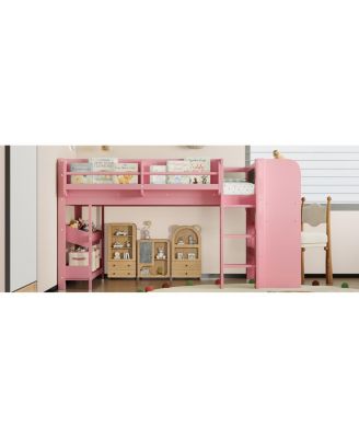 Twin Loft Bed with Multi-storage Bookcases, Boxes, Drawers, Desk, Blackboard