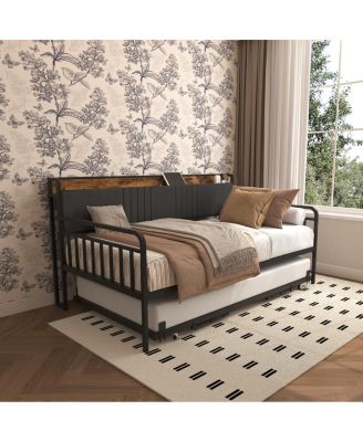 Daybed with Trundle, Metal Twin Bed Frame with Headboard & Charging Station