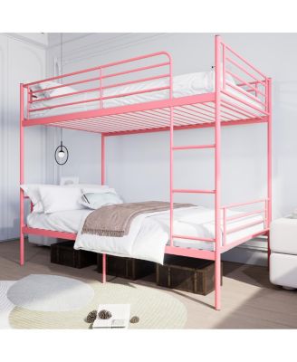 Pink Twin Over Twin Metal Bunk Bed with Ladder, Guardrail, Storage, Noise Free