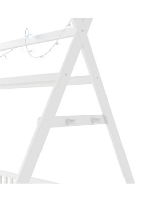 Twin House Bed with Light, Low Floor House Bed with Fence and Roof