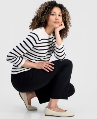 Petite Striped Open Crewneck Sweater