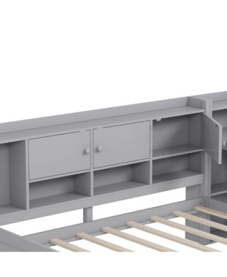 Full Size Daybed with Storage, Wooden L-Shape Bed Frame w/ Desk & Bookshelf