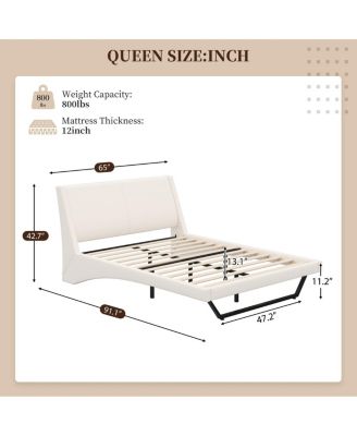  Queen Size White PU Leather Upholstered Platform Bed Frame, No Box Spring Needed