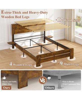 Farmhouse King Bed Frame w/ Storage Shelf, LED Lights & Charging Station
