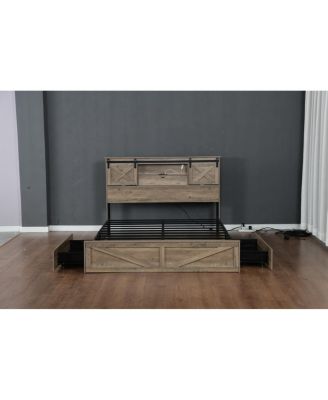 Farmhouse King Bed Frame with LED Lights, Charging Station & Storage Drawers