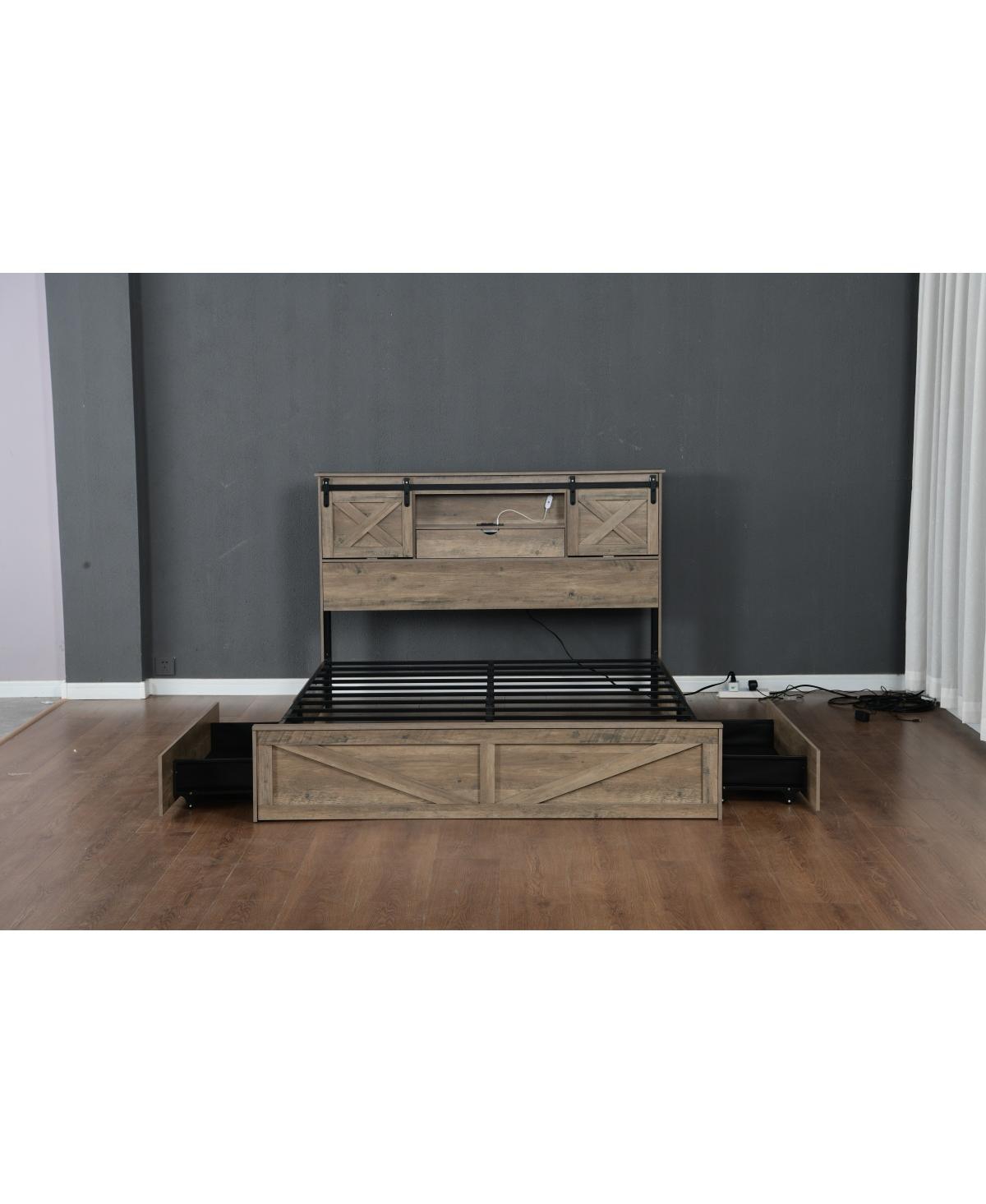 Streamdale Furniture Farmhouse King Bed Frame with Led Lights, Charging Station & Storage Drawers