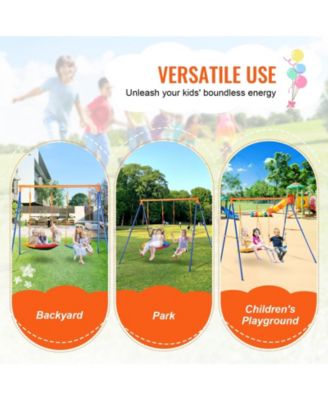 Backyard Swing Set, 440 lbs Load Capacity, A-Frame Metal Swing Stand with Saucer Swing Seat and Belt Swing Seat, Adjustable Rope