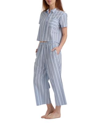 Women's Cropped Button Down Shirt and Pajamas, 2-Piece Set